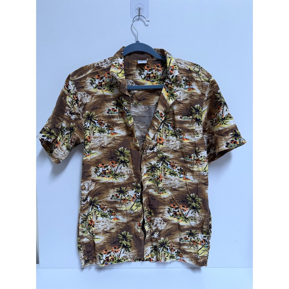 Old Navy Boys 16 Brown Tropical Palm Tree Aloha Short Sleeve Button Down Shirt